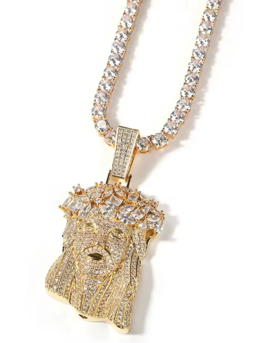 Gold Crystal Jesus Head Pendant and tennis Necklace 20inch - men Jewelry
